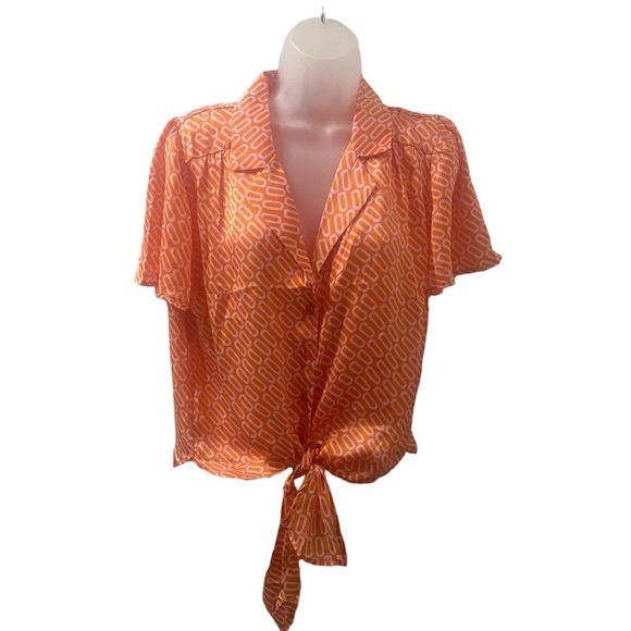 Eclair Tops - Eclair 70's Inspired Print Button Down Blouse Orange